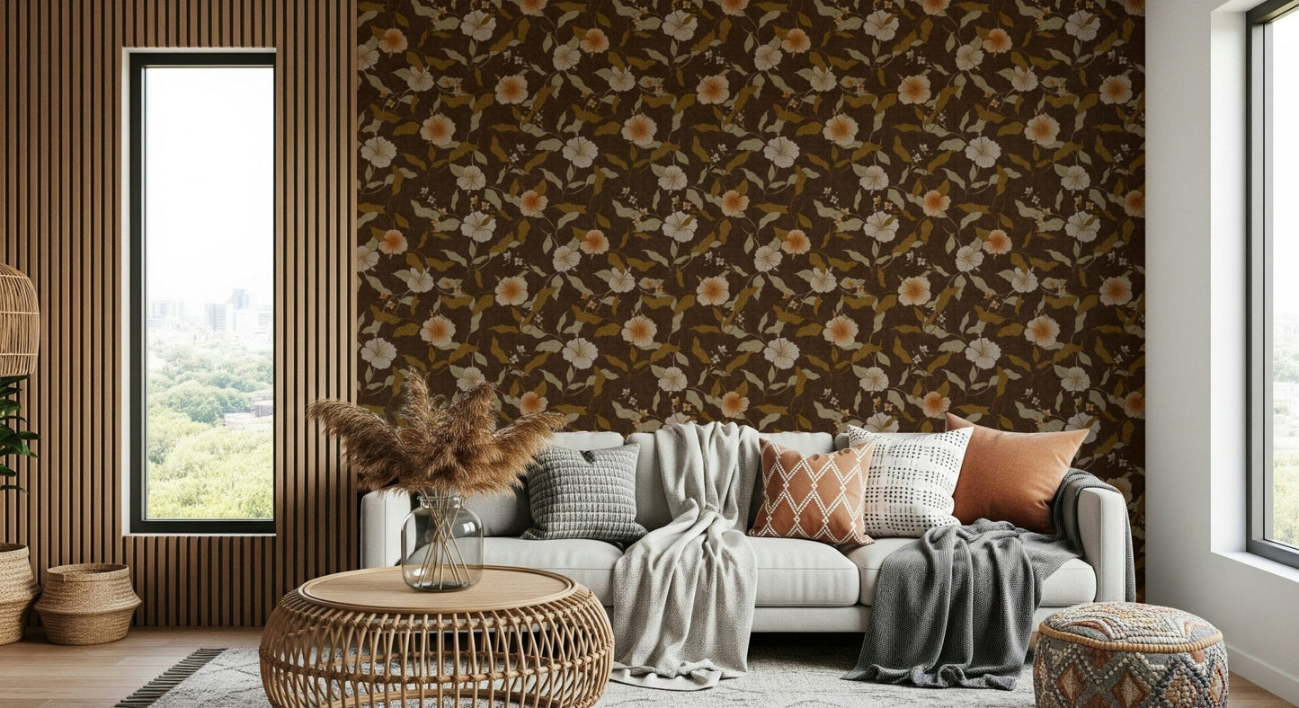 Dark brown repeating bloom Faded Tropical Floral Warm Vintage covering.