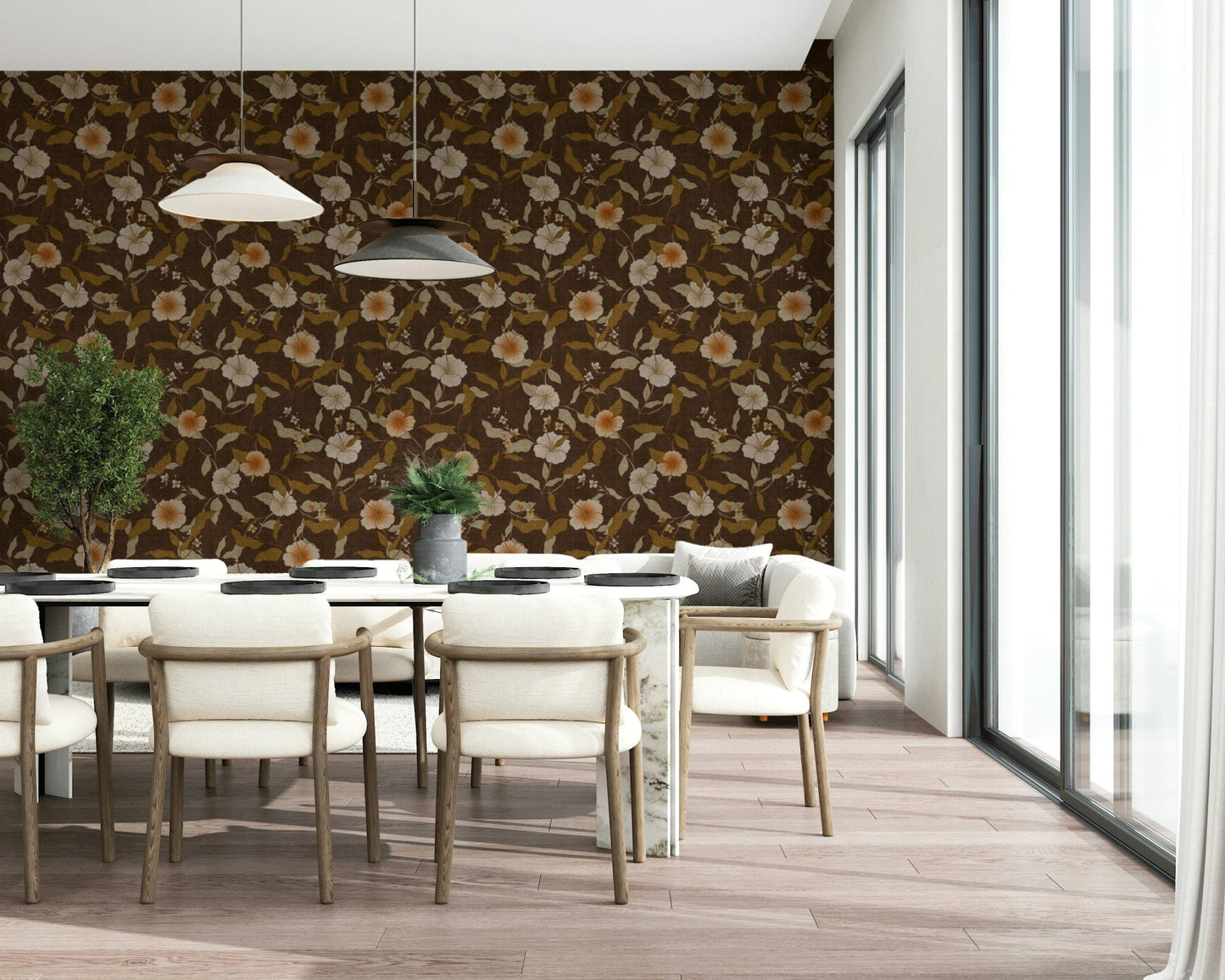Botanical brown wall mural with faded orange blossoms.