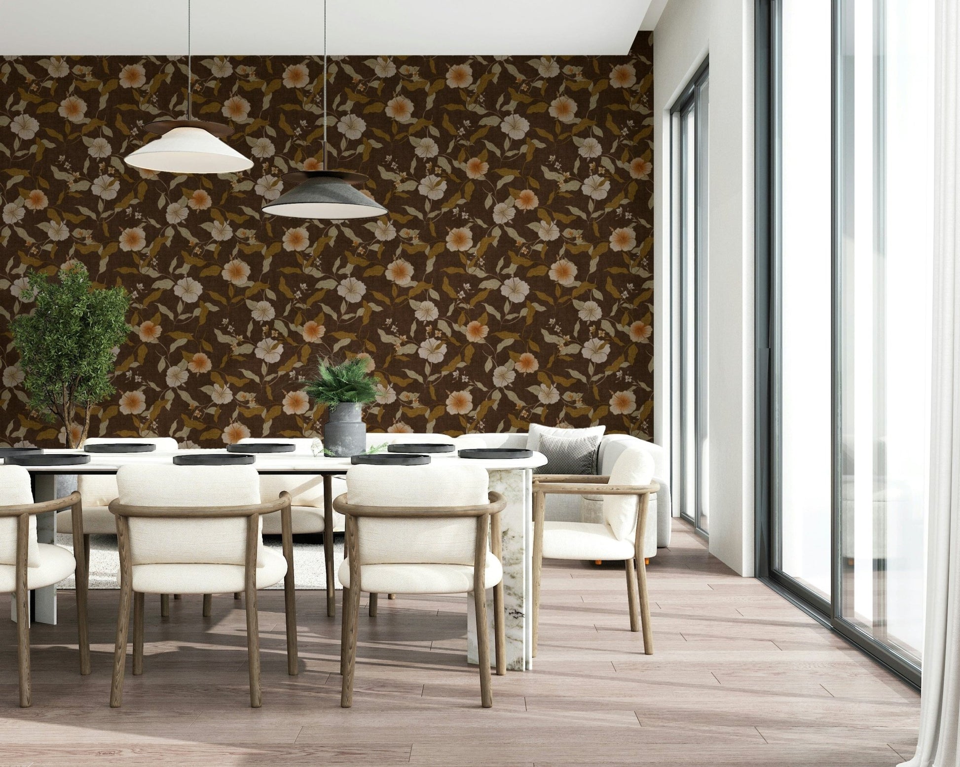 Botanical brown wall mural with faded orange blossoms.