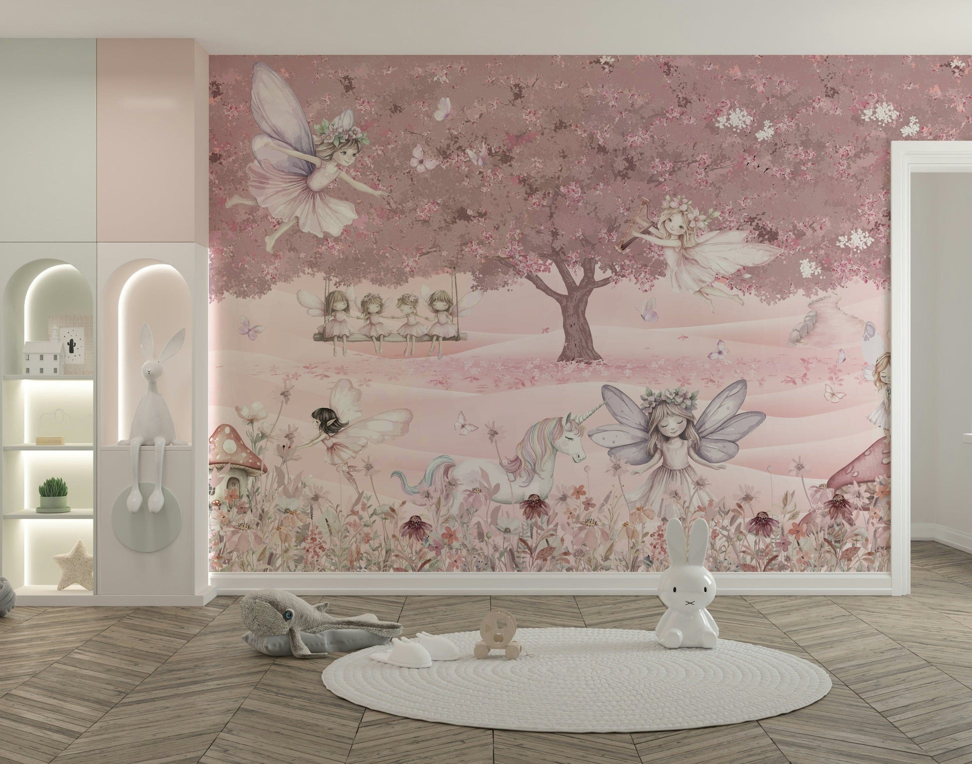 A peaceful wall mural with a magical, whimsical design.

