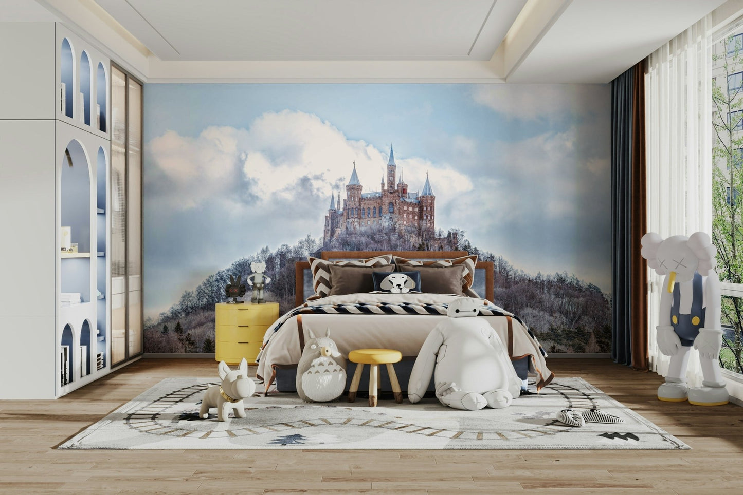 Whimsical castles on towering peaks.

