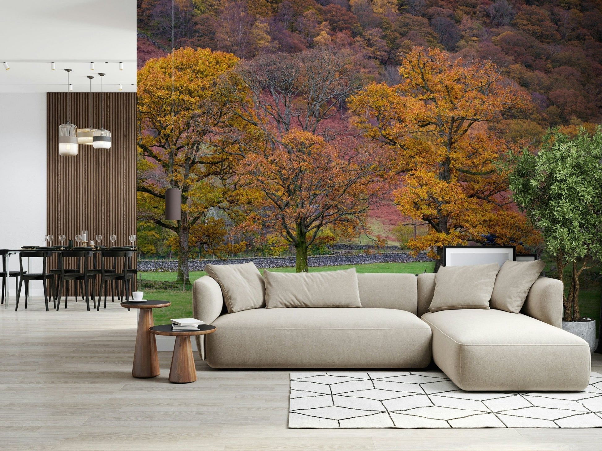 A cozy fall forest wallpaper with vibrant foliage and layered autumn tones.