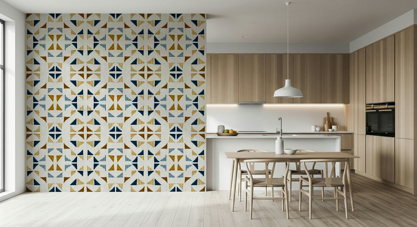 Contemporary geometric wallpaper featuring forest-inspired triangles and organic wood tones.