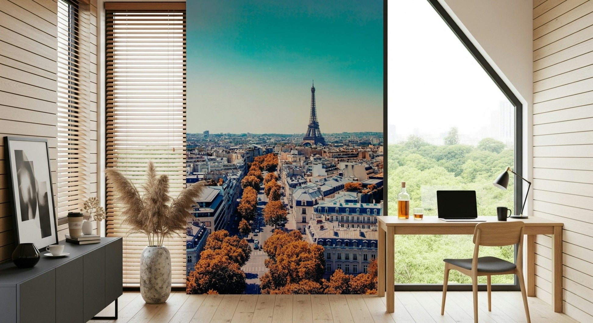 Fall in Paris wallpaper mural with Eiffel Tower behind a wood desk and laptop in a home office