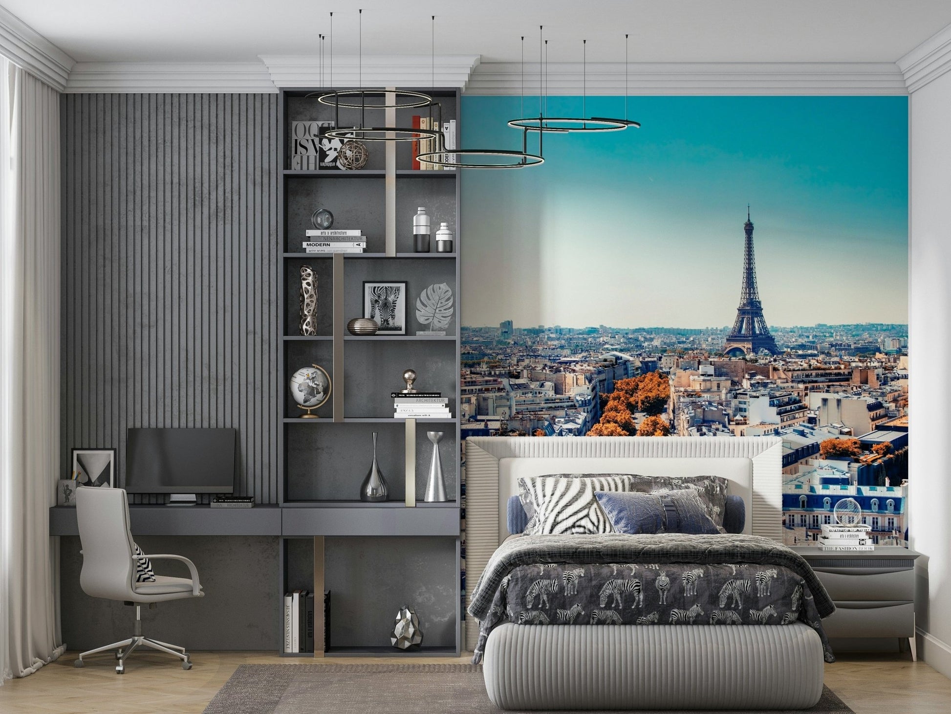 Fall in Paris wallpaper mural with Eiffel Tower above a zebra-print bed in a grey bedroom with a desk