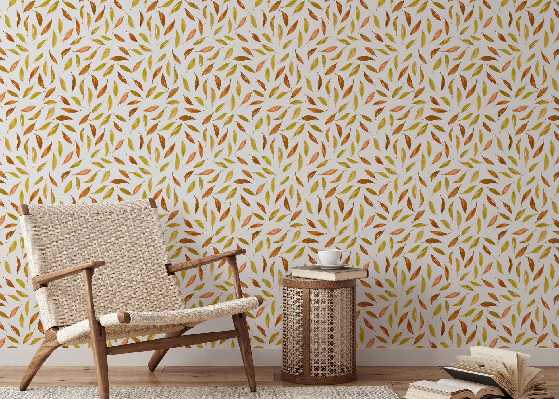 Cozy autumn wallpaper featuring scattered falling leaves

