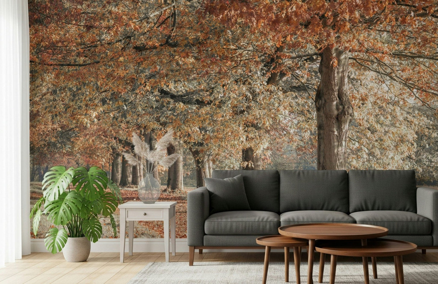 Warm fall landscape wall mural with trunks