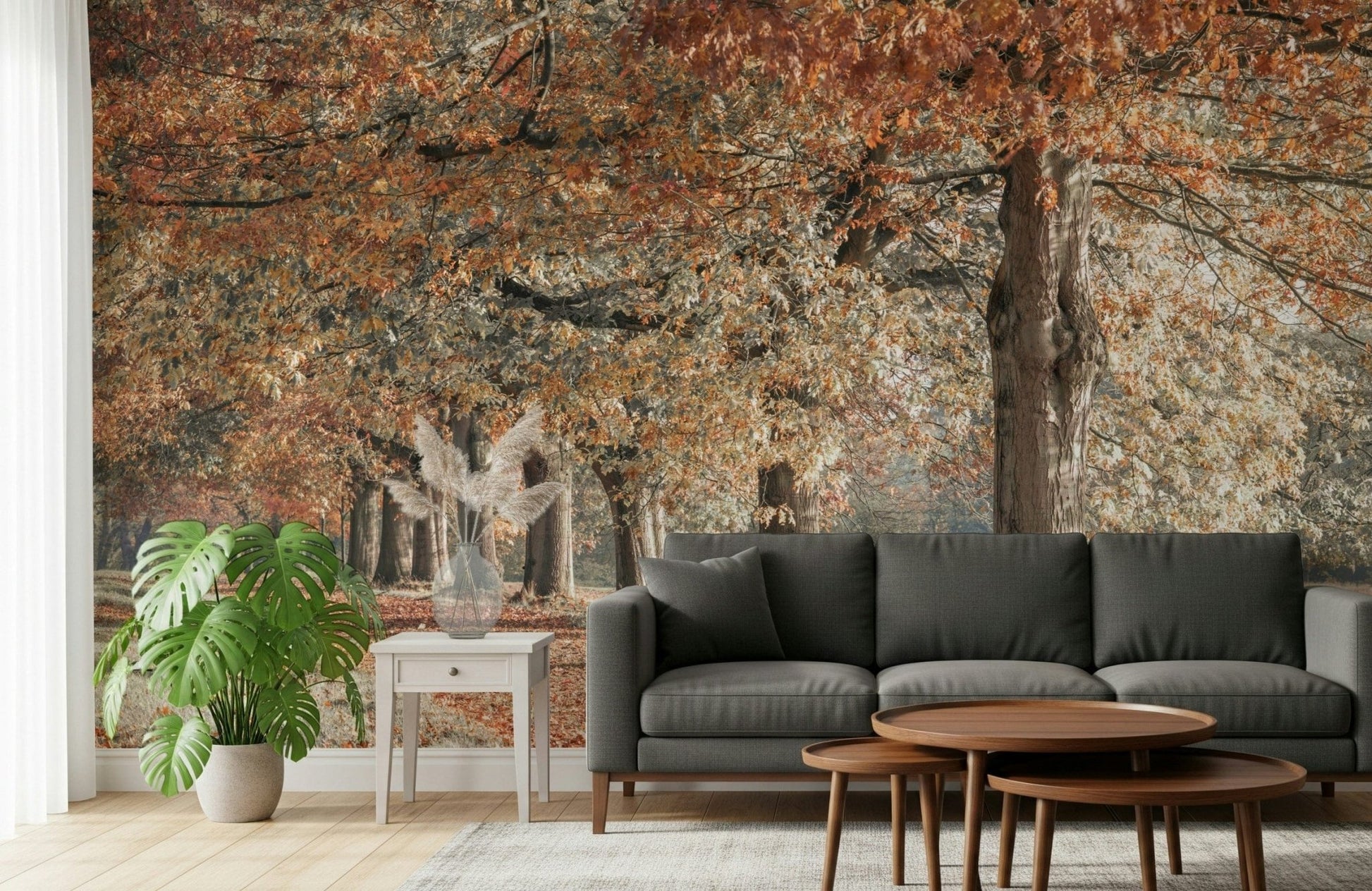 Warm fall landscape wall mural with trunks