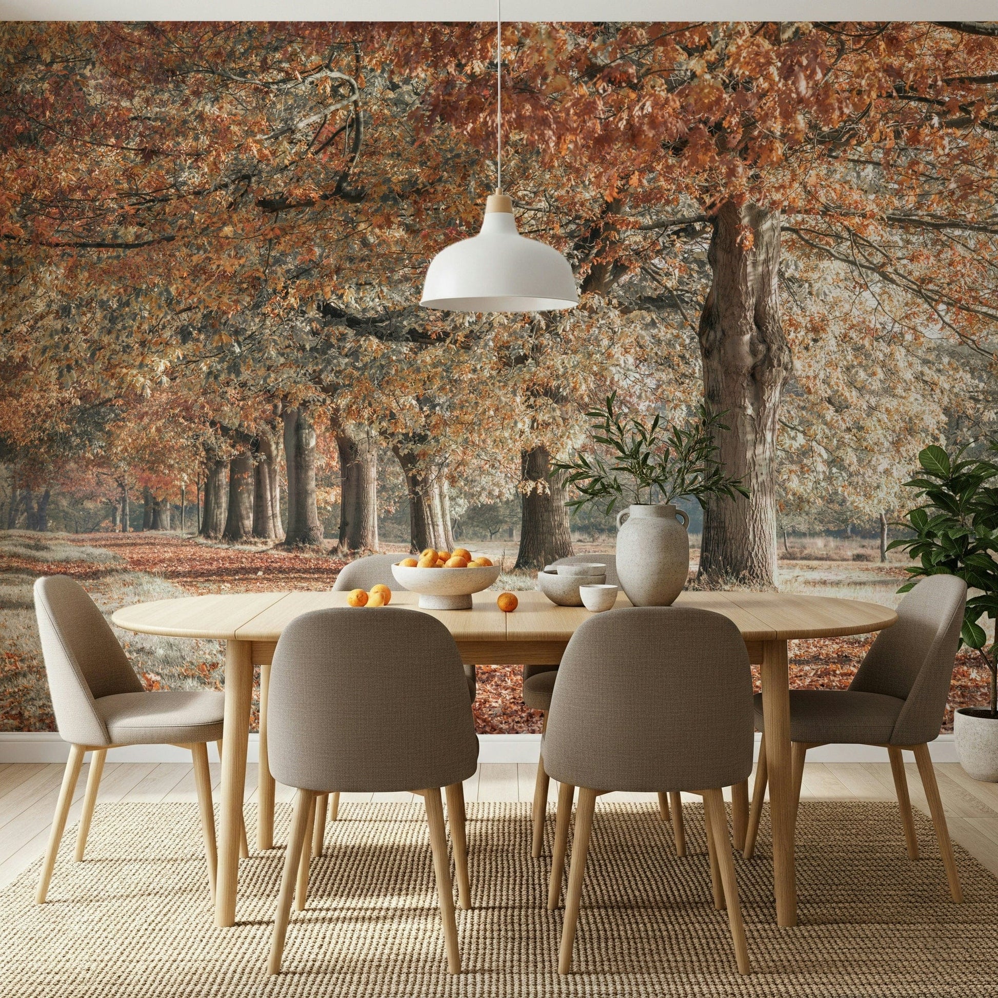 Nature trail wall mural with fallen leaves