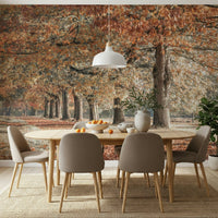 Nature trail wall mural with fallen leaves