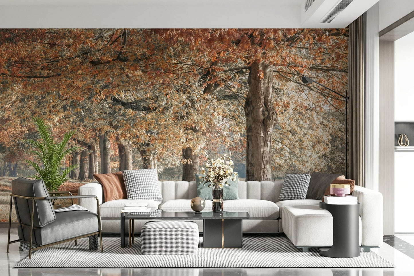 Rustic woodland wall mural with leaf carpet