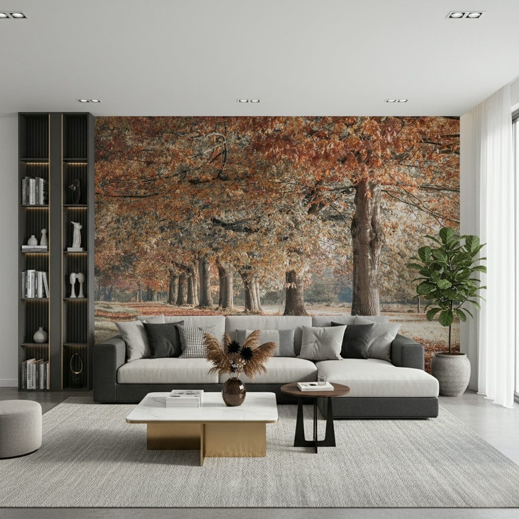 Tree lined path wall mural in autumn tones