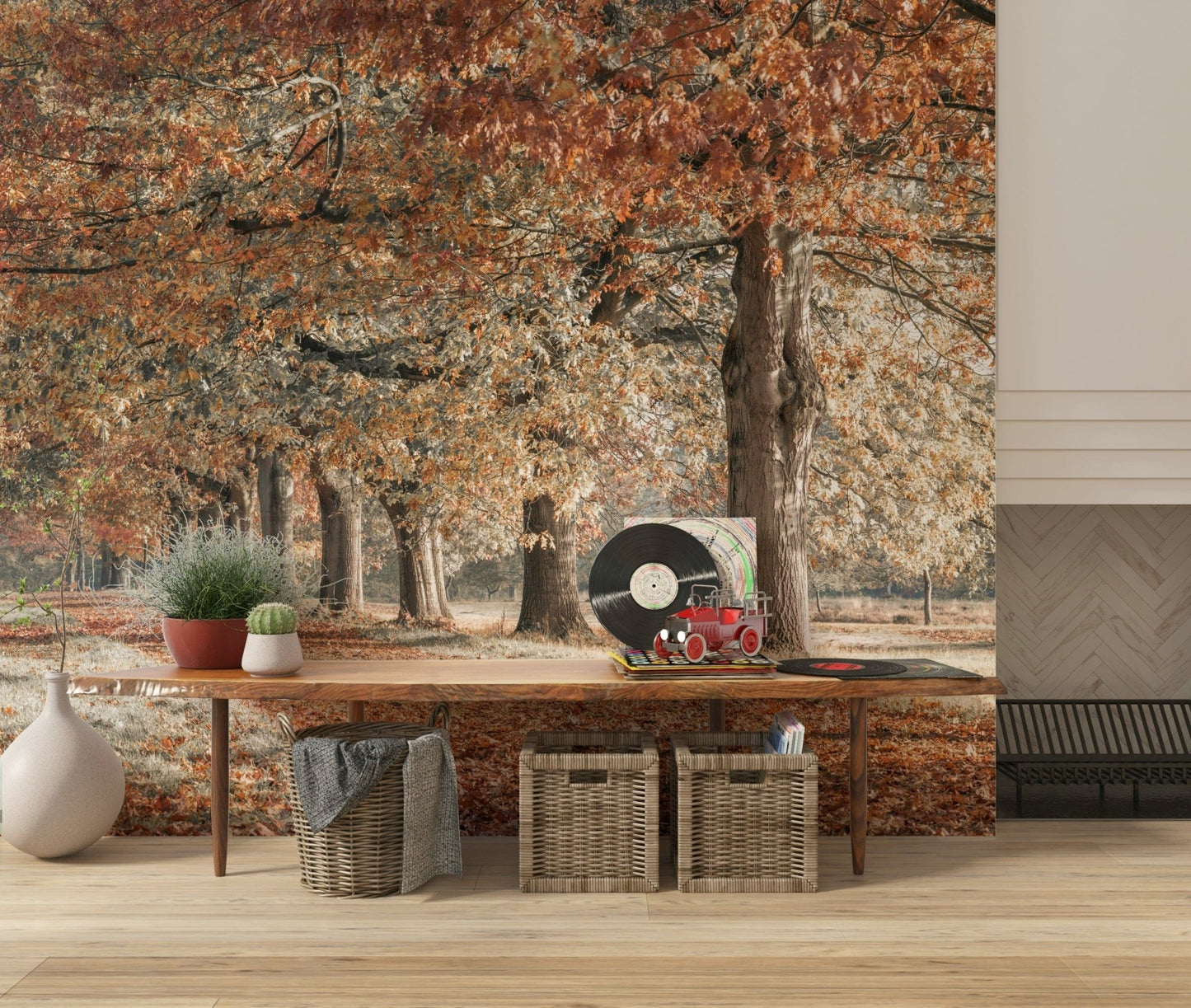 Golden leaves forest wall mural in morning