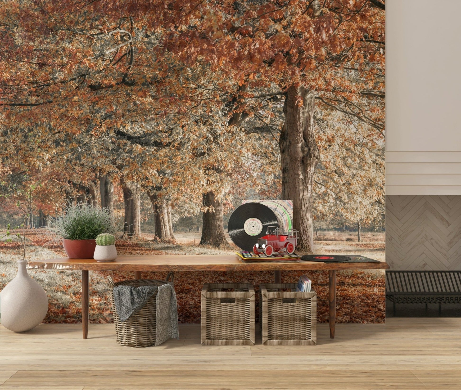 Golden leaves forest wall mural in morning