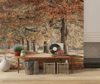 Golden leaves forest wall mural in morning