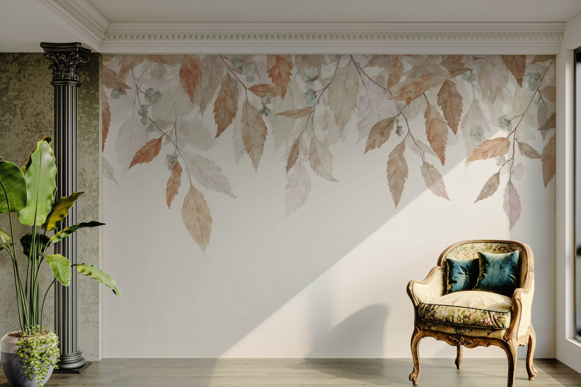 The colors are soft, muted tones of green and brown.

