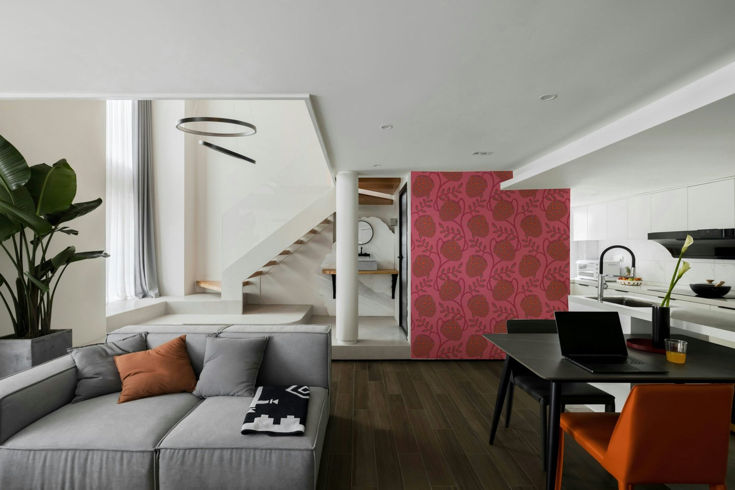 Stylized flowers and flowing lines.

