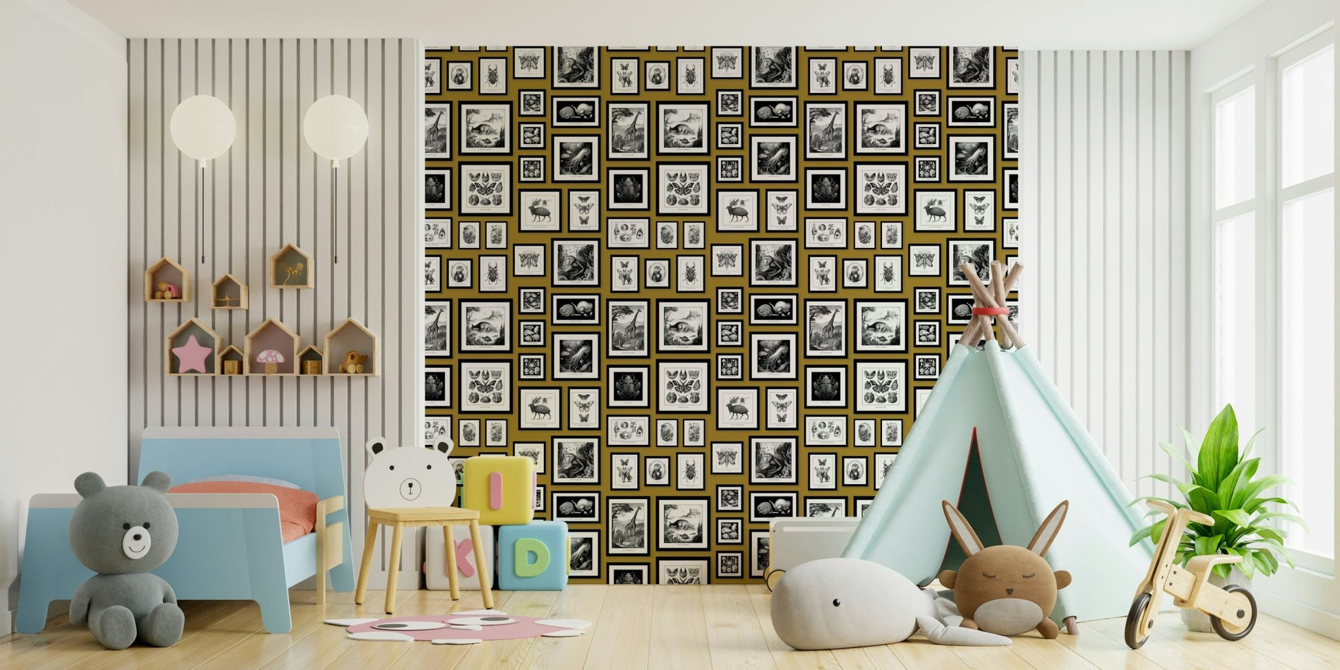 Magical creatures on bold mustard background

