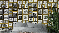 Vibrant mustard wallpaper with illustrated creatures

