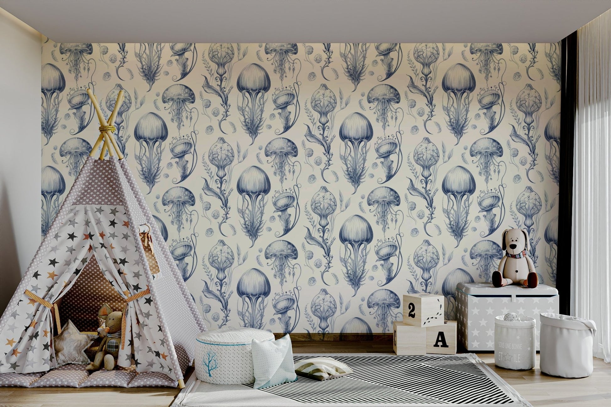 Fantastic Jellyfish - Delft Blue & Cream wallpaper for bedrooms


