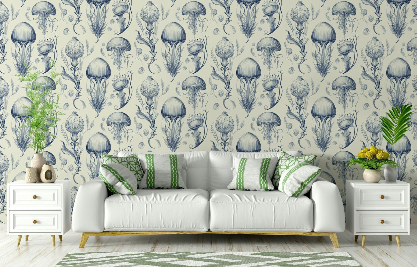 Serene jellyfish design wallpaper in Delft Blue and Cream


