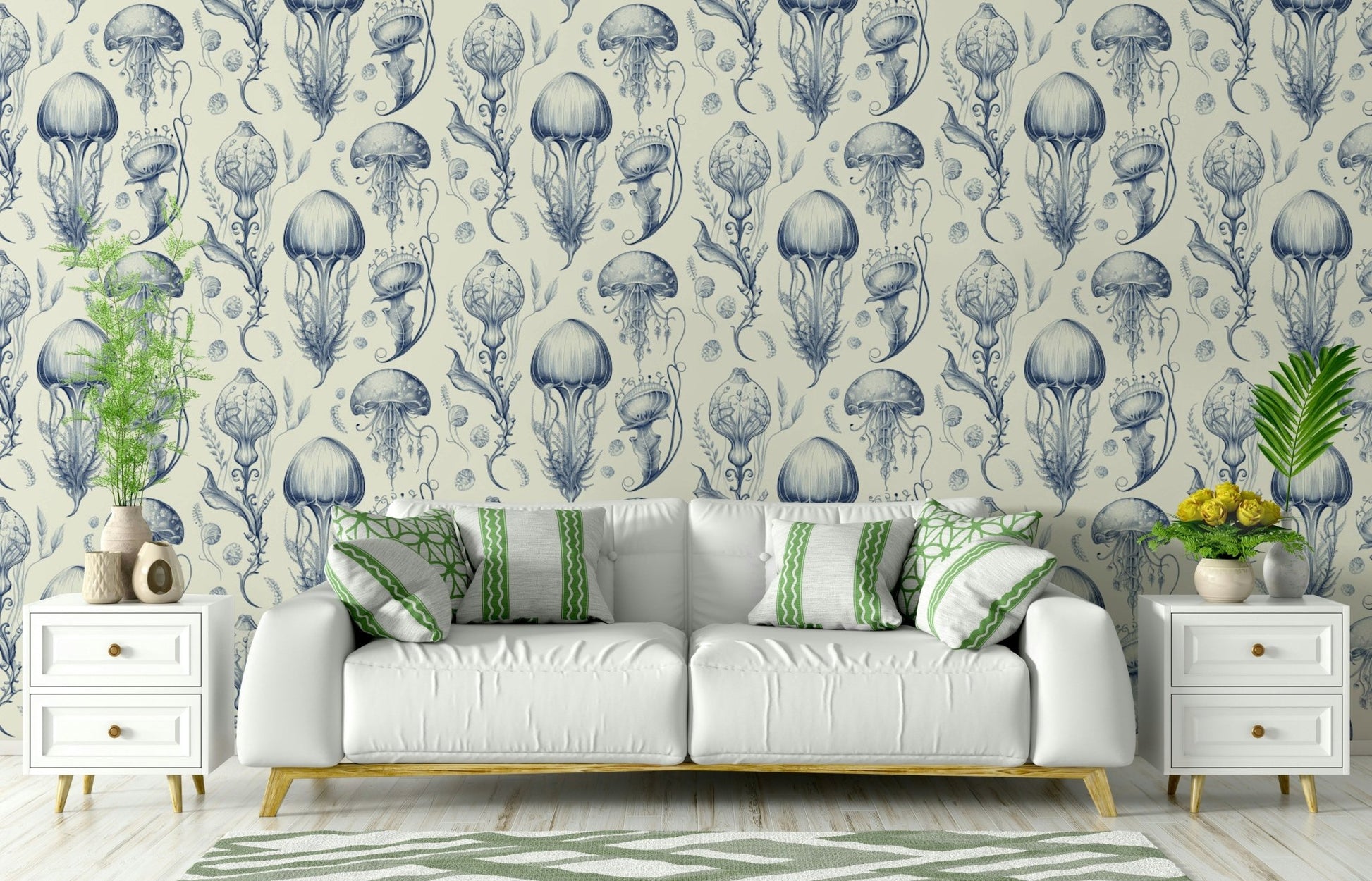 Serene jellyfish design wallpaper in Delft Blue and Cream

