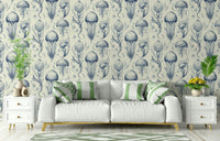 Serene jellyfish design wallpaper in Delft Blue and Cream

