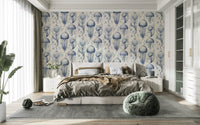 Calming jellyfish wallpaper in Delft Blue and Cream tones

