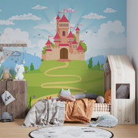 Fantacy Castle wallpaper with a pink castle on a green hill in a kids room with a house-frame bed and white bear lamp