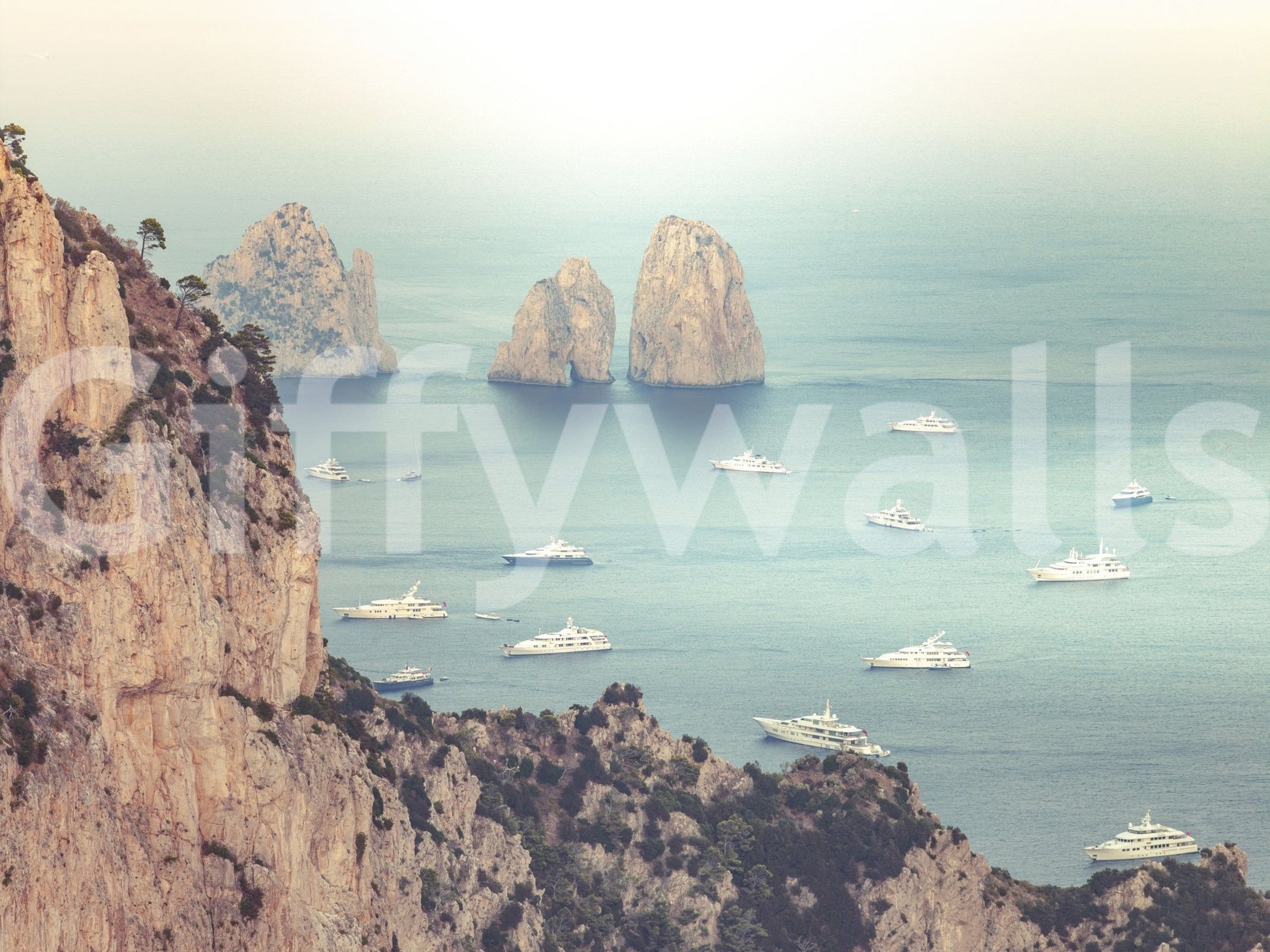 Faraglioni Cliffs wall mural shown full-wall with rocky sea stacks and white yachts on turquoise Capri water