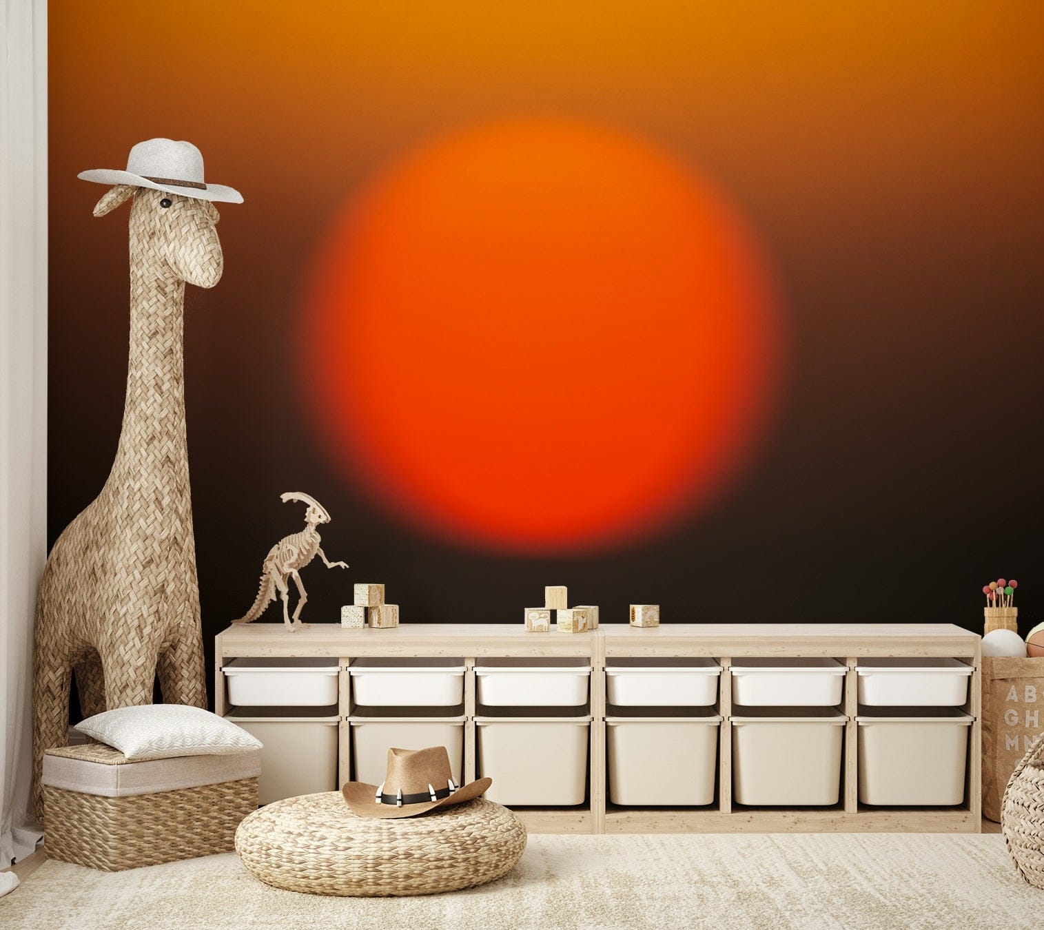 A living room featuring the minimalist sunset wall mural.