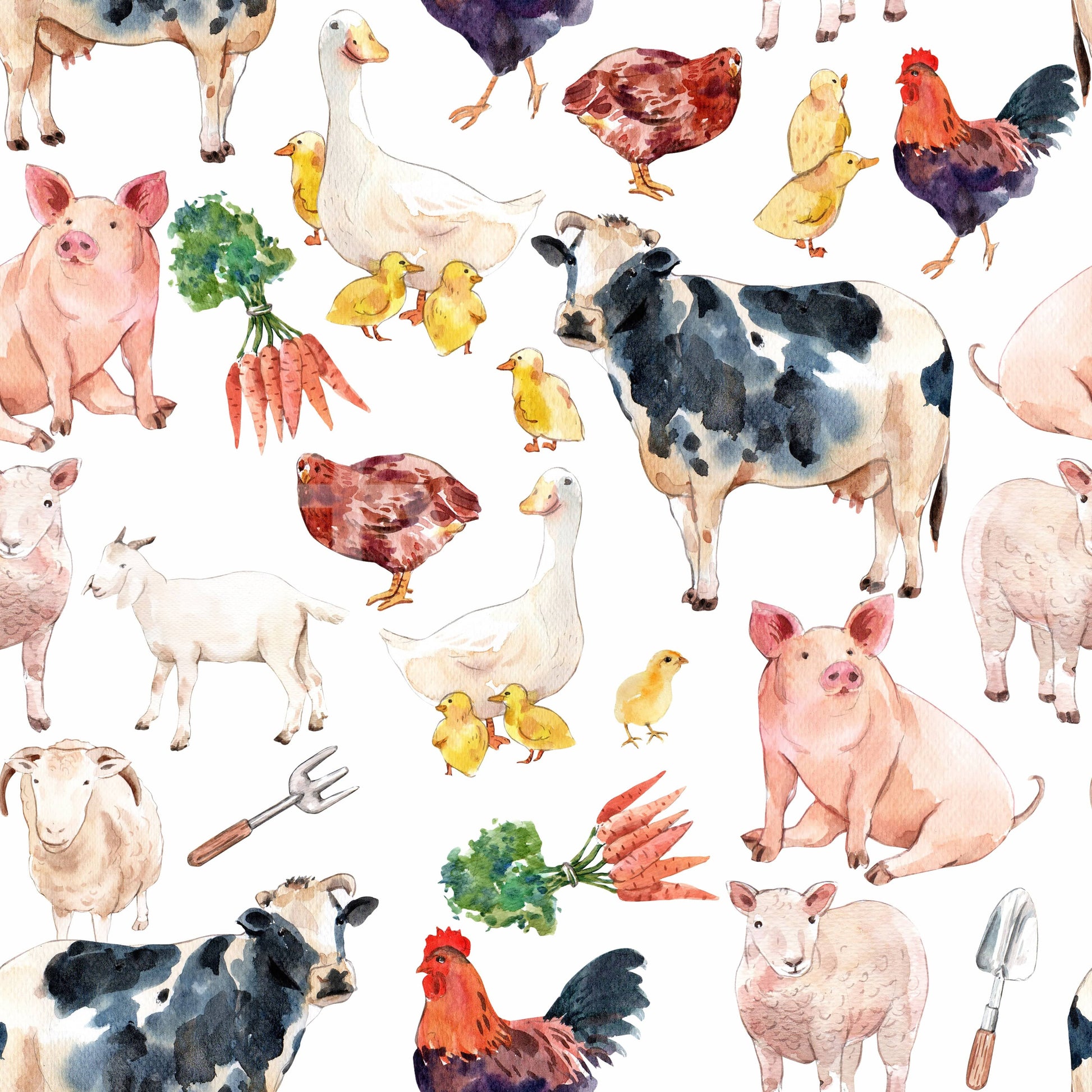 Artistic Farmyard Friends design with distinct, detailed watercolor farm figures.