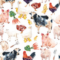 Artistic Farmyard Friends design with distinct, detailed watercolor farm figures.