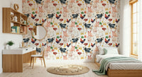 Pastoral Farmyard Friends print, perfect as children's room wallpaper for walls.