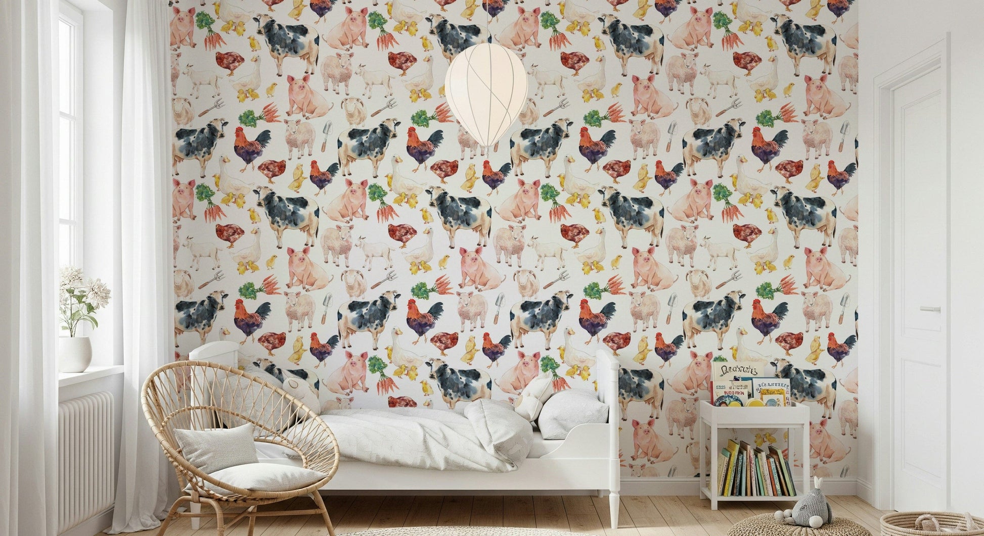 Watercolor animals like a rooster and goat on Farmyard Friends removable wallpaper.