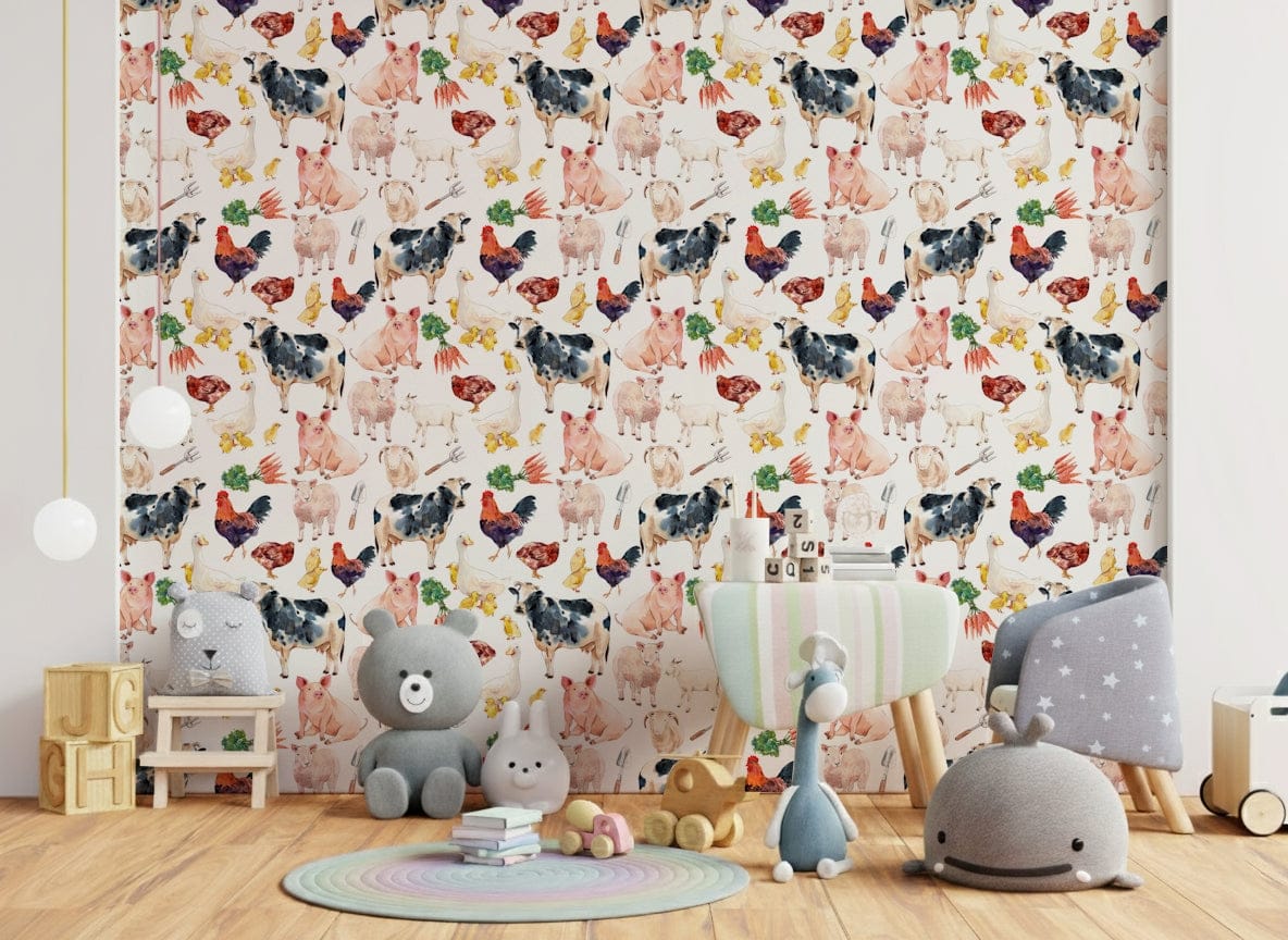 Charming Farmyard Friends wall mural with illustrations of sheep and fluffy chicks.