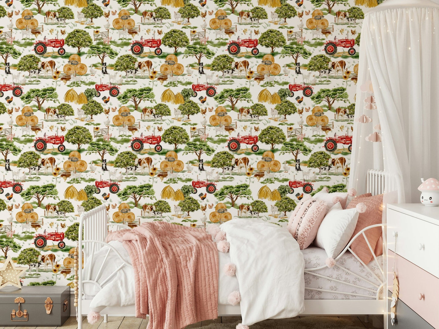 Authentic Farm Animals wallpaper, chickens and baby lambs grazing outside.