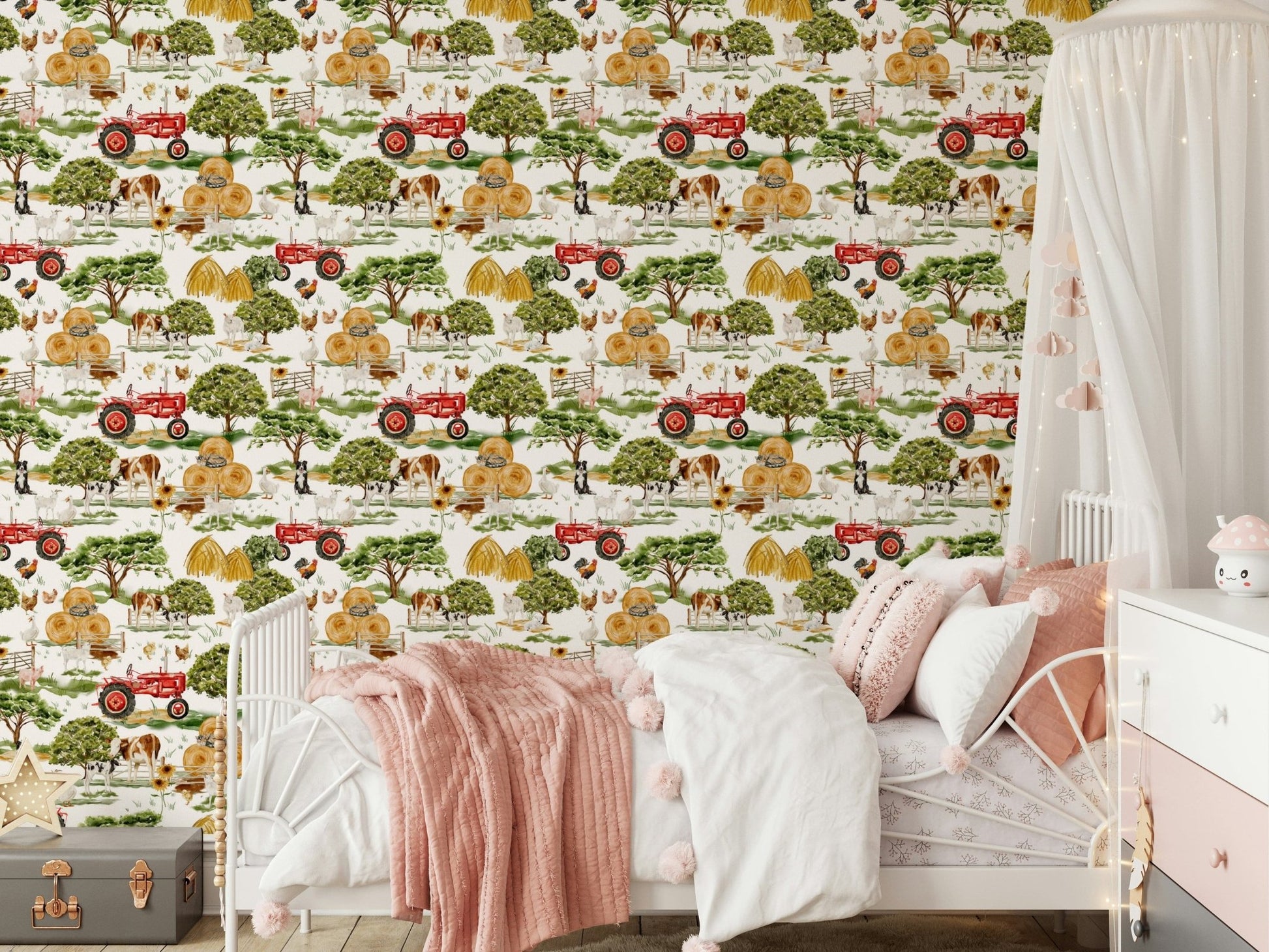 Authentic Farm Animals wallpaper, chickens and baby lambs grazing outside.