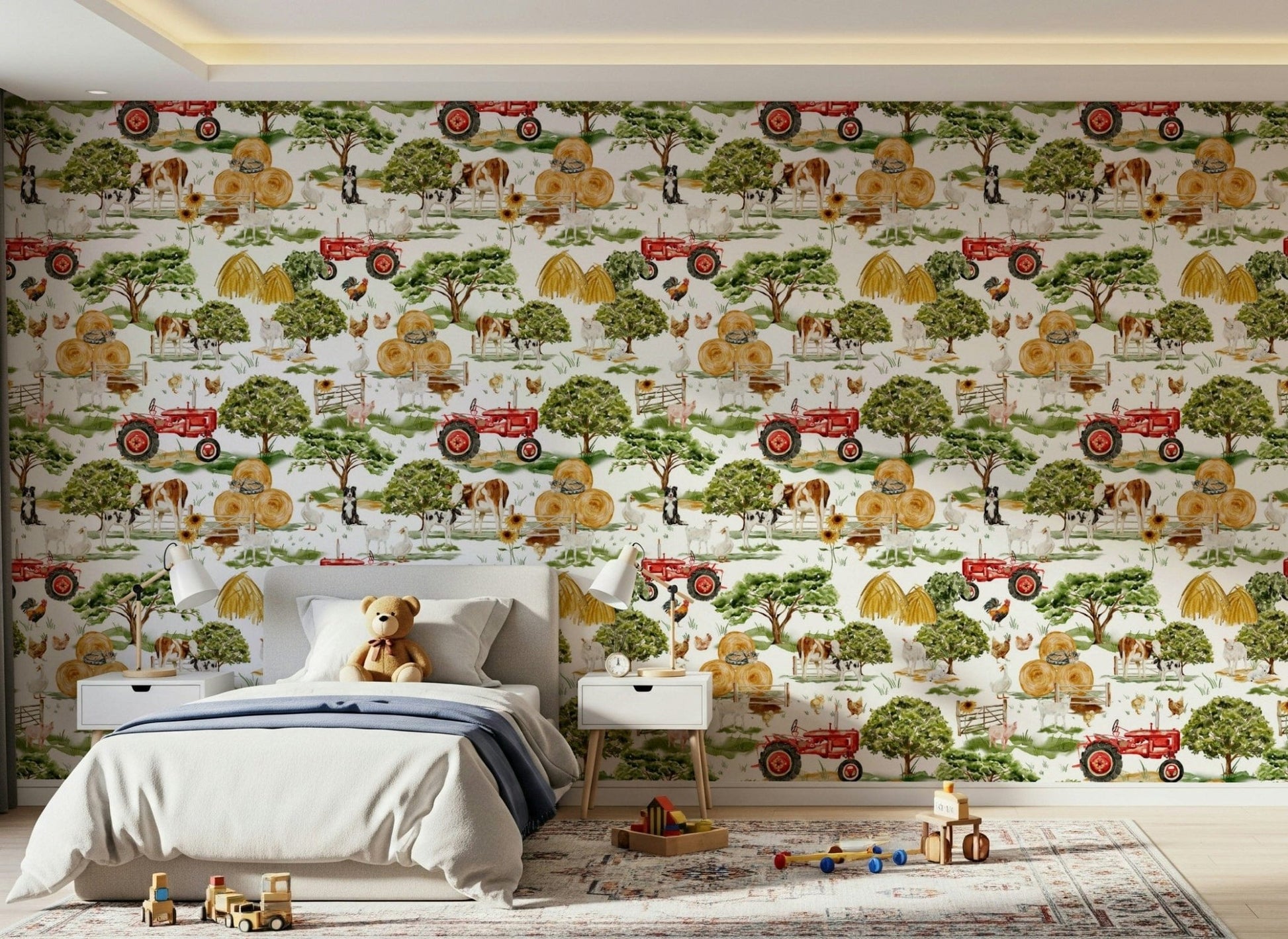 Countryside Farm Animals artwork with detailed trees and antique tractor.