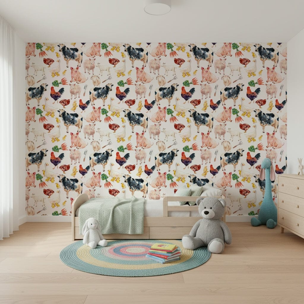 Lively Farmyard Friends mural showcasing various domestic creatures and plants.