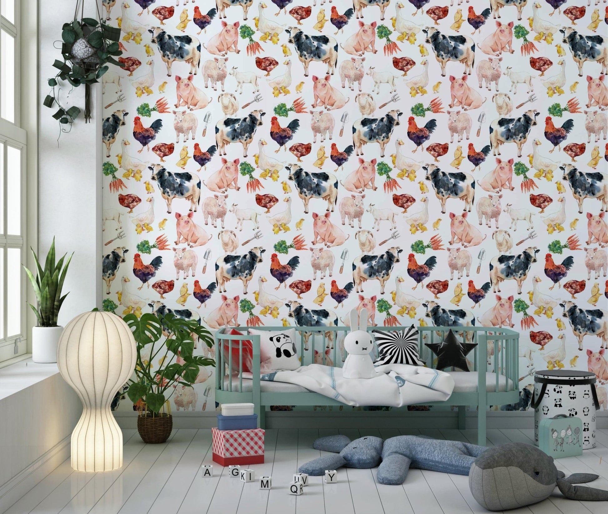 Colorful Farmyard Friends watercolor illustration on durable vinyl wallpaper for walls.