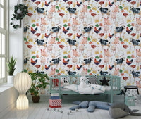 Colorful Farmyard Friends watercolor illustration on durable vinyl wallpaper for walls.