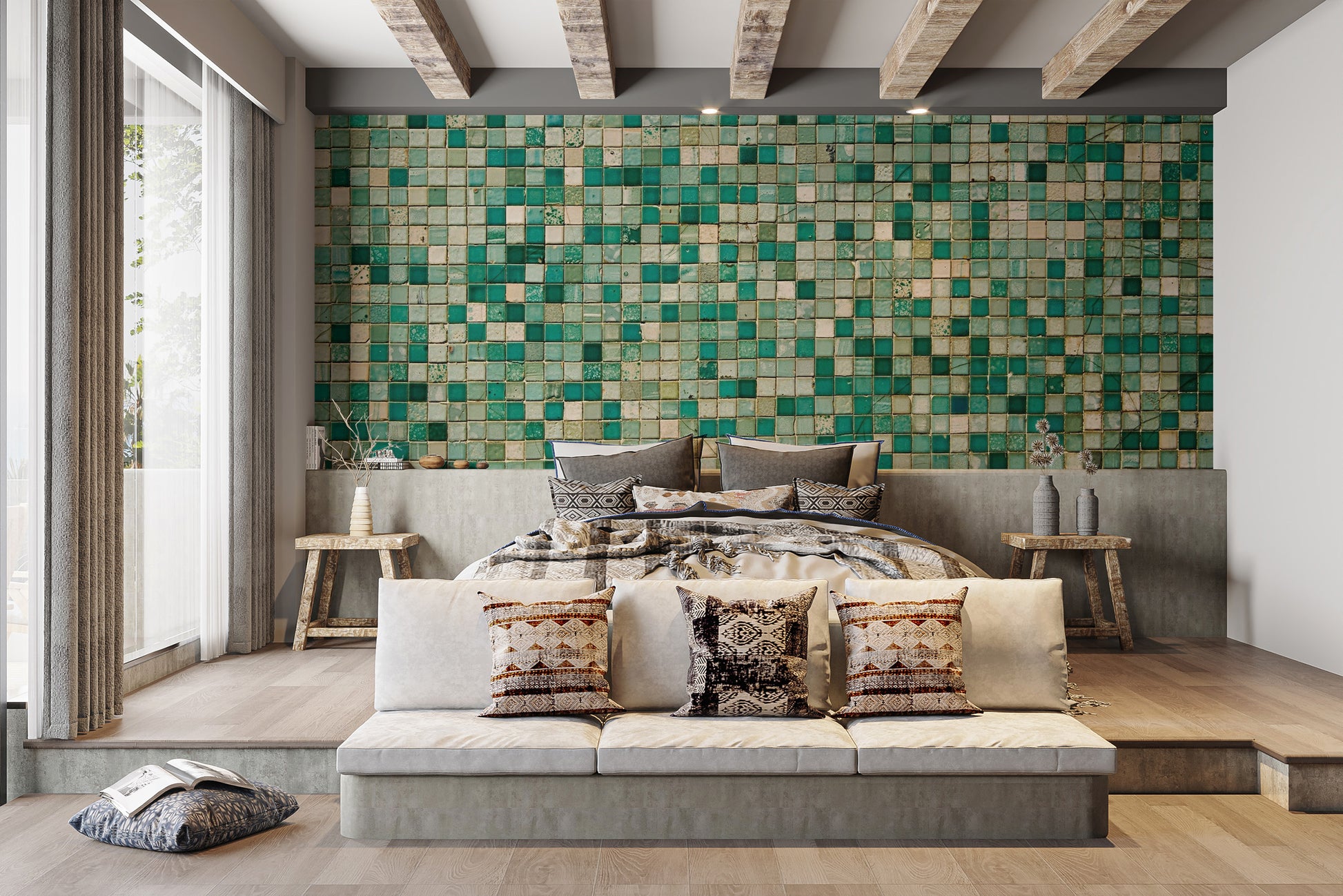 Dark slate faux mosaic wallpaper mural for a bold textured appearance.