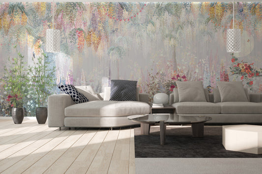 Feathered Euphoria Blushing Jungle Backdrop mural of pastel hanging blooms behind a beige sectional in a living room