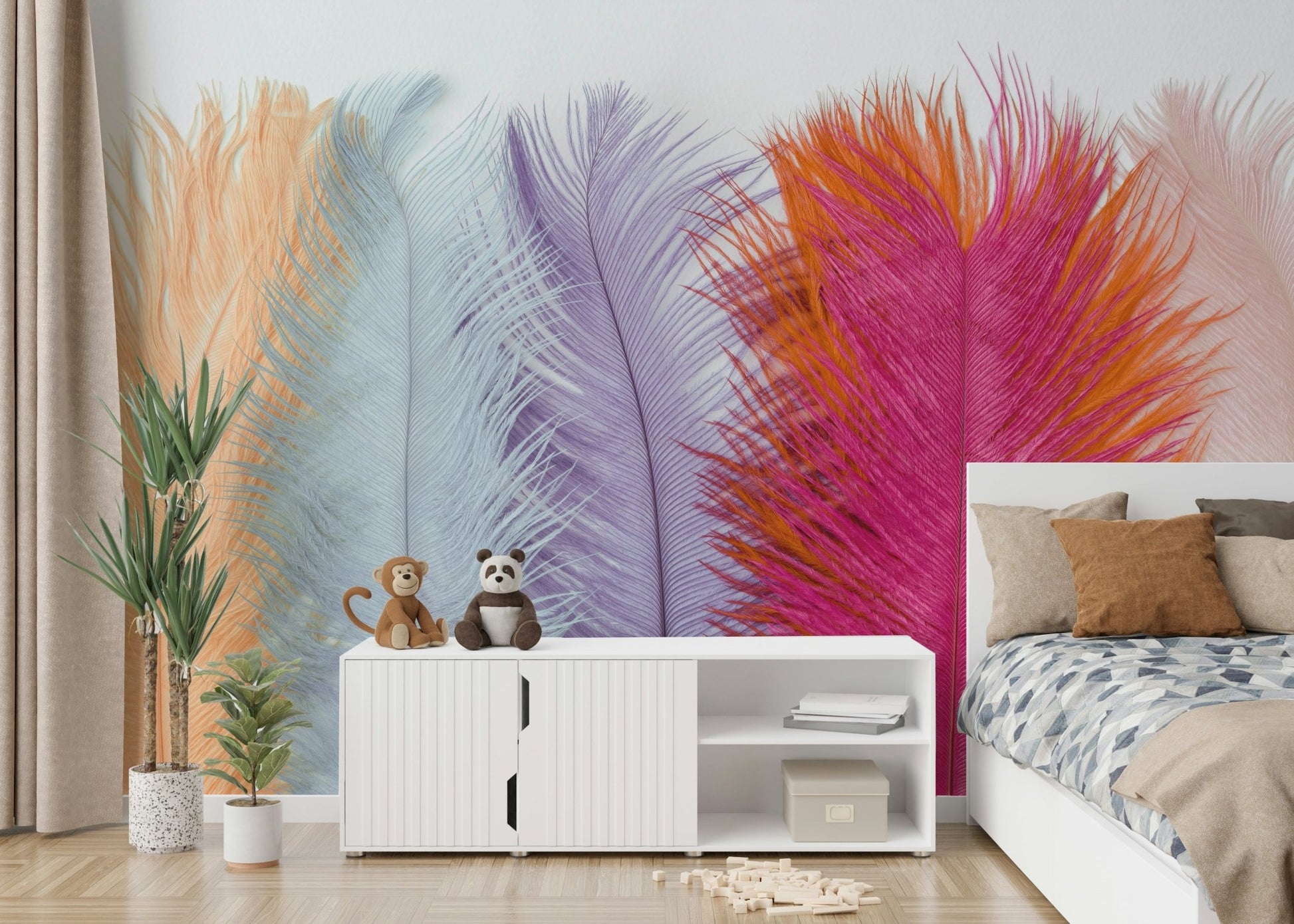 Feather wall mural with soft, soothing pastel tones

