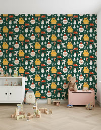 Bright festive wallpaper with cozy cabins, jolly Santa faces, classic candy canes, and snowmen.
