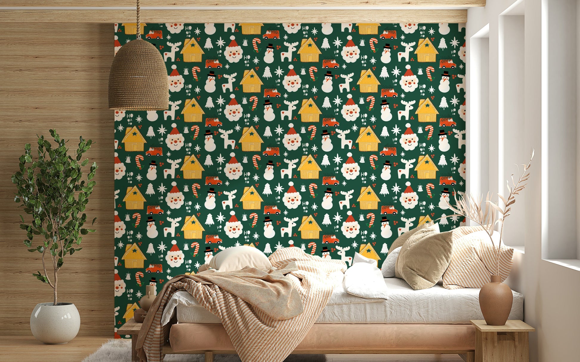 A joyful Christmas wallpaper filled with festive characters like Santa, snowmen, and reindeer.