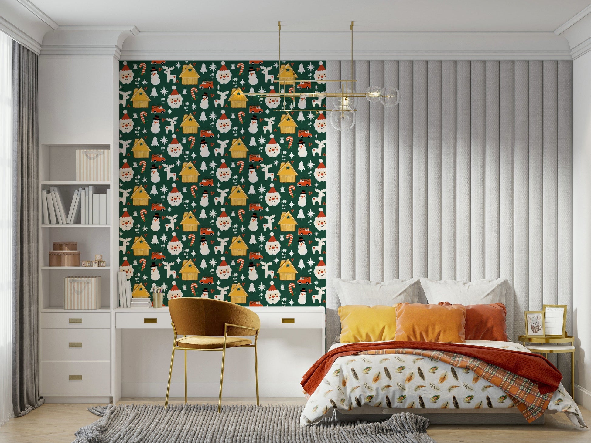 A festive Christmas wallpaper featuring Santa faces, reindeer, snowmen, and cozy cabins on a green background.