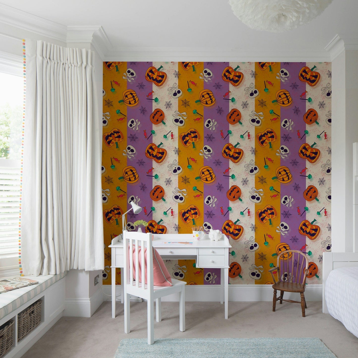 Bright orange Festive Halloween Pattern Wallpaper in a dining room.
