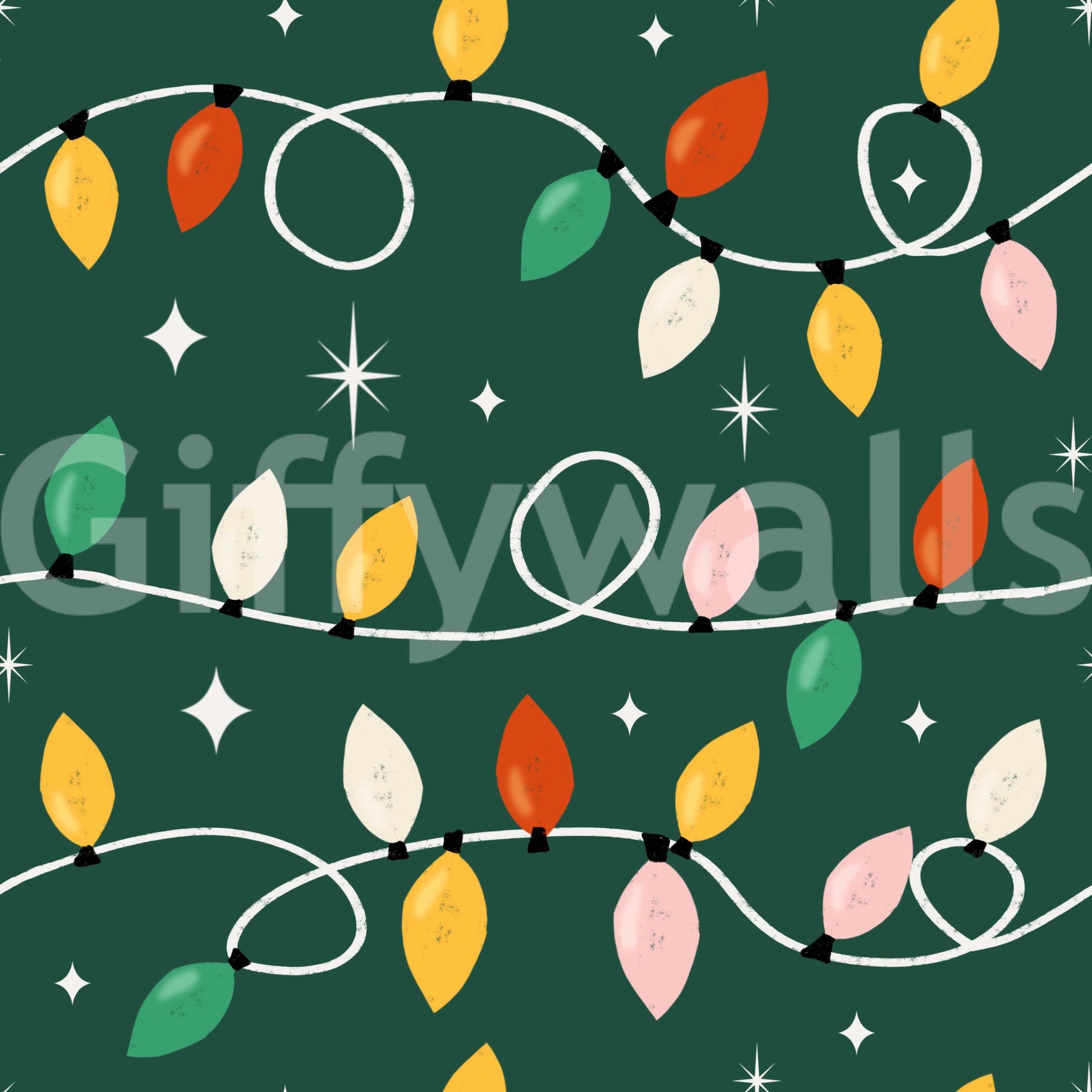 Retro-style Christmas light strands creating a cheerful repeating pattern on dark green wallpaper.
